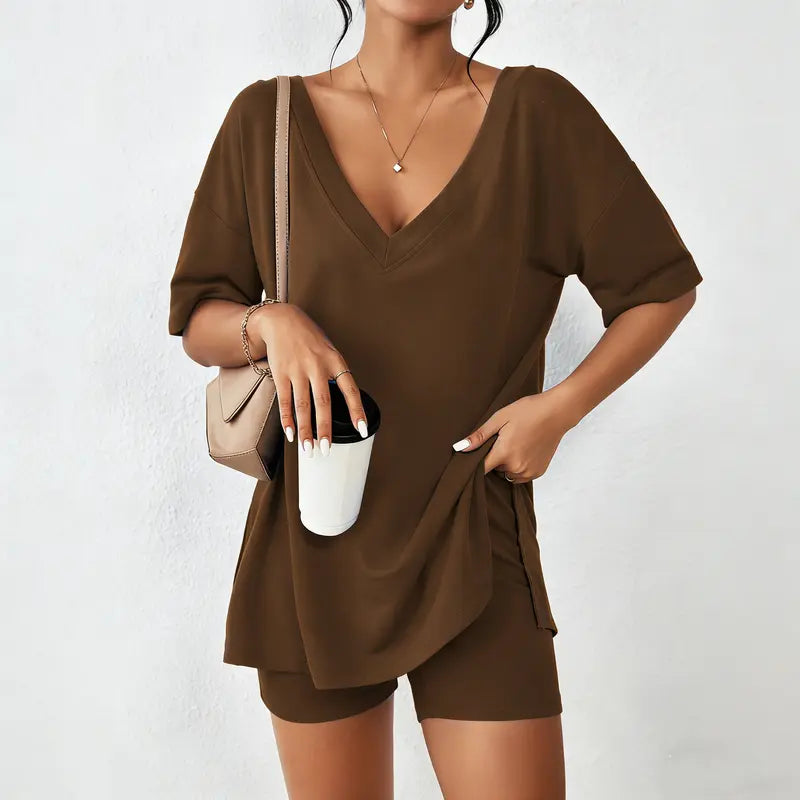Women's Oversized V-Neck Lounge Set | Soft Split-Hem Two-Piece Outfit