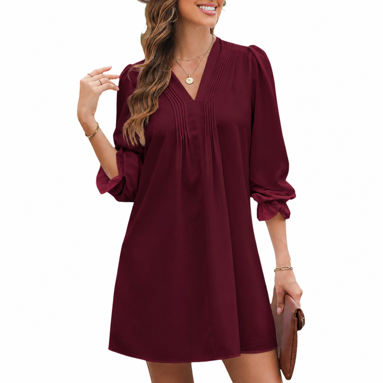 Women's Casual V-Neck A-Line Dress – Ruffle Sleeve Pleated Flowy Midi Dress