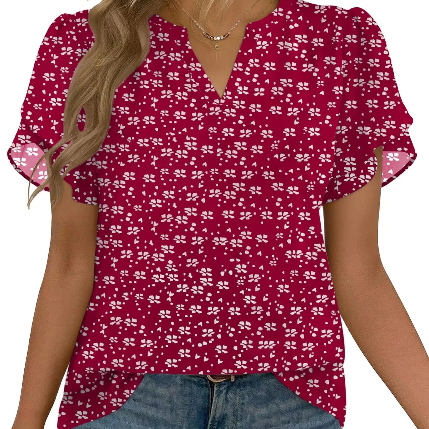 Women's Floral Chiffon Blouse – Lightweight V-Neck Petal Sleeve Top for Work, Casual & Everyday Wear