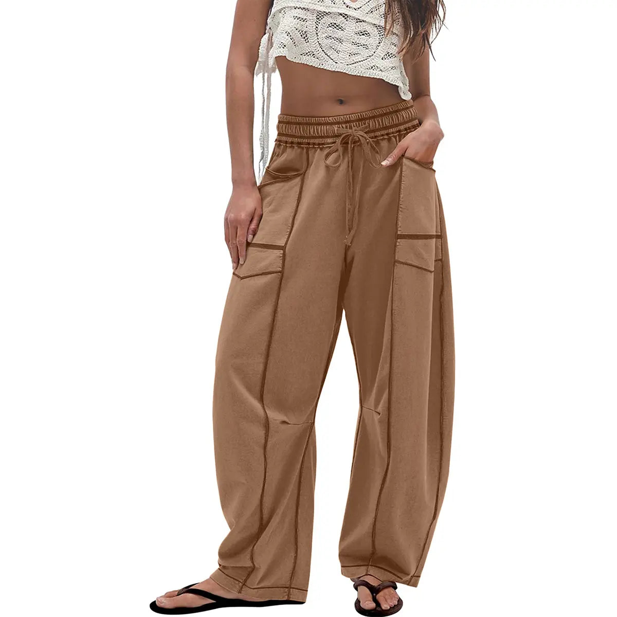 Women's Baggy Barrel-Leg Lounge Pants – Wide Leg, Drawstring Waist & Pockets