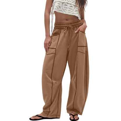Women's Baggy Barrel-Leg Lounge Pants – Wide Leg, Drawstring Waist & Pockets