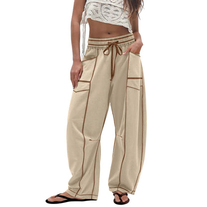 Women's Baggy Barrel-Leg Lounge Pants – Wide Leg, Drawstring Waist & Pockets
