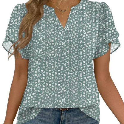 Women's Floral Chiffon Blouse – Lightweight V-Neck Petal Sleeve Top for Work, Casual & Everyday Wear