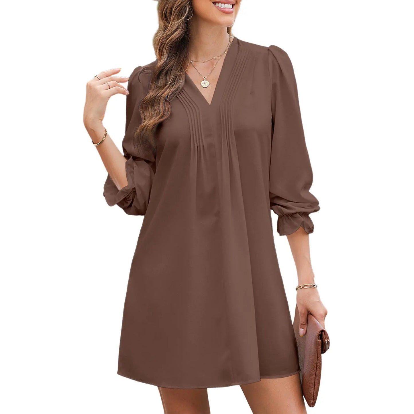 Women's Casual V-Neck A-Line Dress – Ruffle Sleeve Pleated Flowy Midi Dress