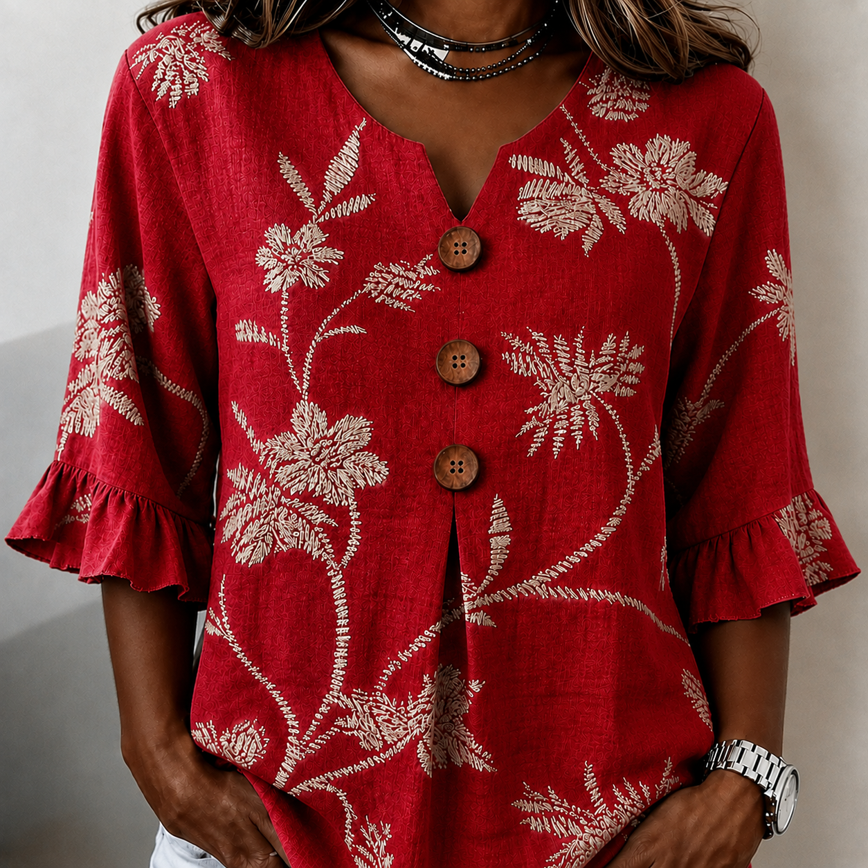 Women's Summer Floral Top with Ruffle Sleeve