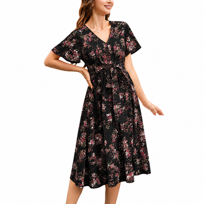 V-neck floral maxi dress with ruffle sleeves and belt