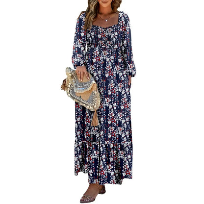 Women's Boho Floral Maxi Dress – Smocked Square Neck Long Sleeve Vacation Dress