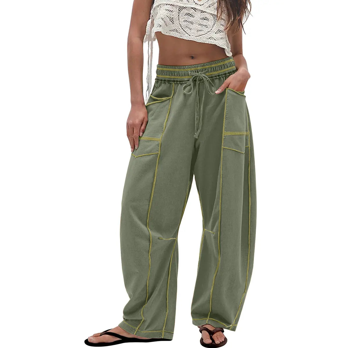 Women's Baggy Barrel-Leg Lounge Pants – Wide Leg, Drawstring Waist & Pockets