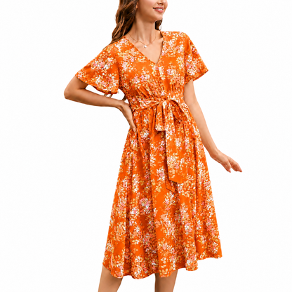 V-neck floral maxi dress with ruffle sleeves and belt