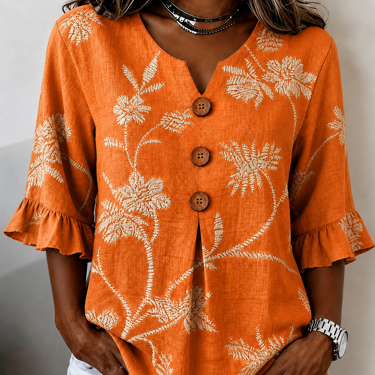Women's Summer Floral Top with Ruffle Sleeve