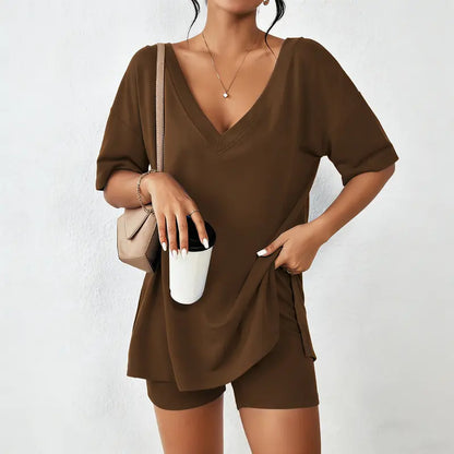 Women's Oversized V-Neck Lounge Set | Soft Split-Hem Two-Piece Outfit
