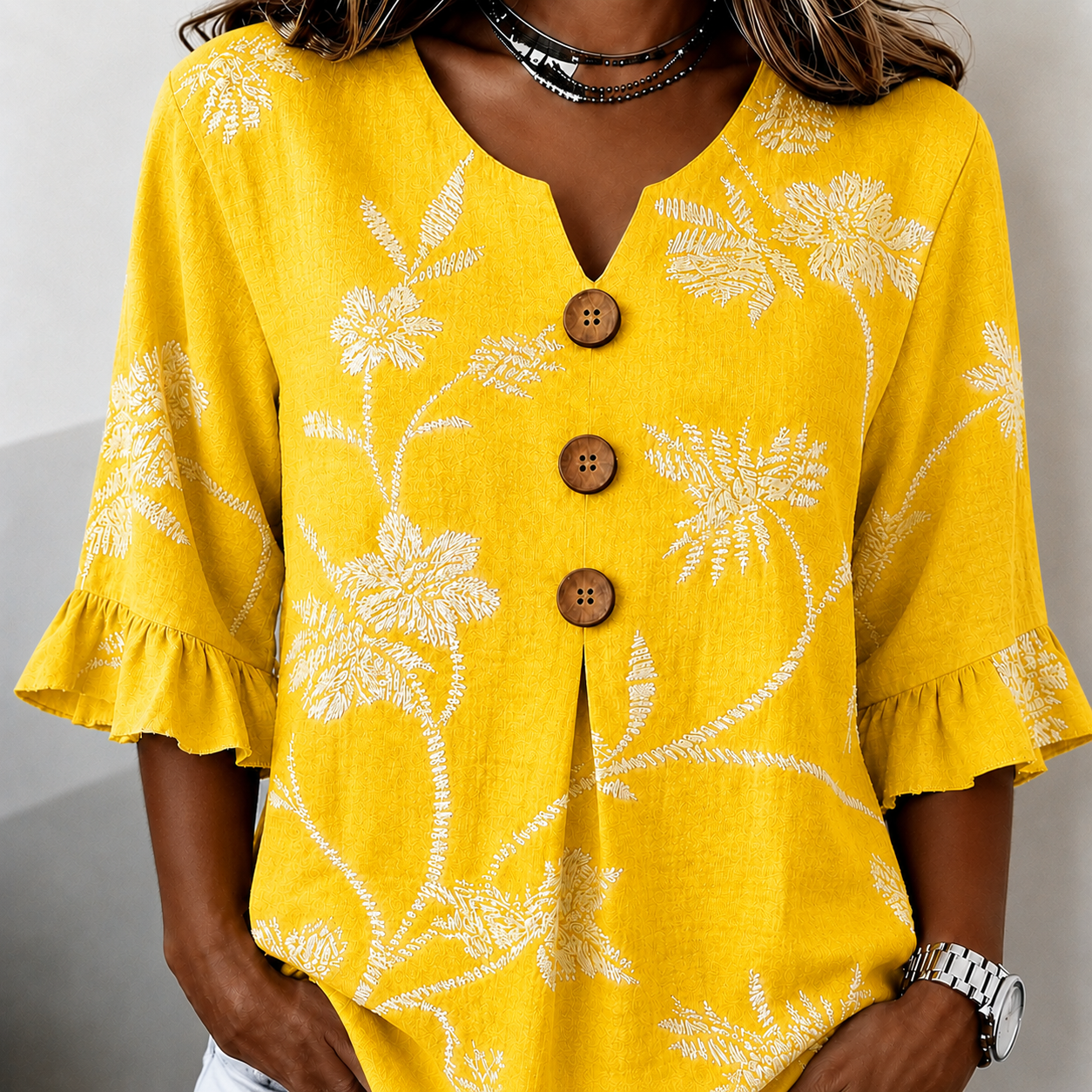 Women's Summer Floral Top with Ruffle Sleeve