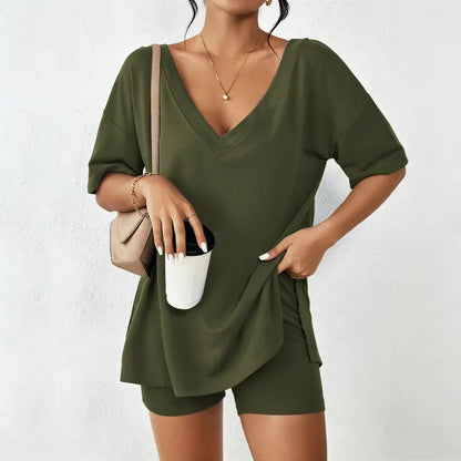 Women's Oversized V-Neck Lounge Set | Soft Split-Hem Two-Piece Outfit