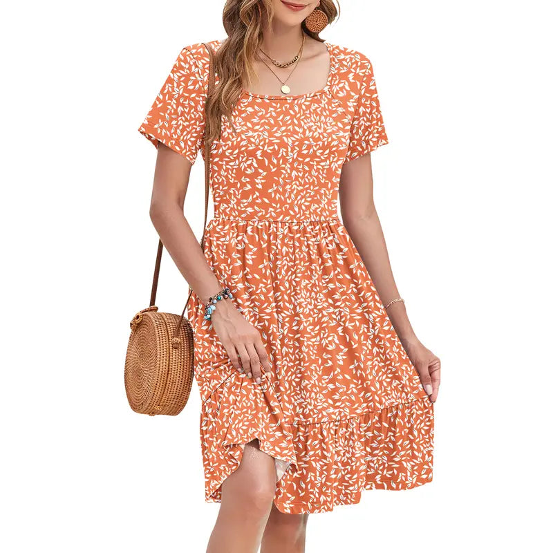 Women Square Neck Ditsy Floral Dress, Ruffle Empire Waist A-Line Sundress With Pockets