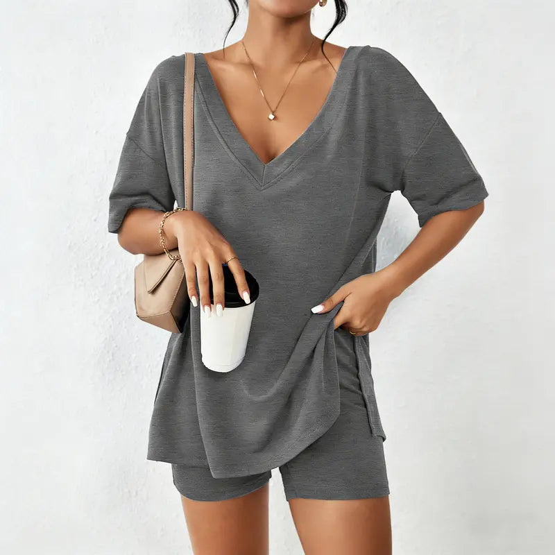Women's Oversized V-Neck Lounge Set | Soft Split-Hem Two-Piece Outfit