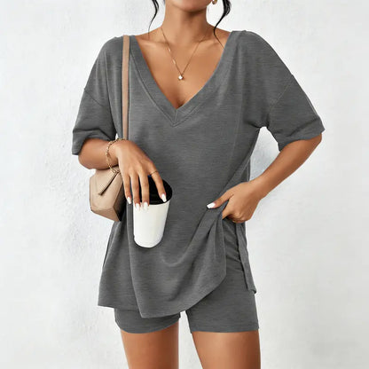 Women's Oversized V-Neck Lounge Set | Soft Split-Hem Two-Piece Outfit