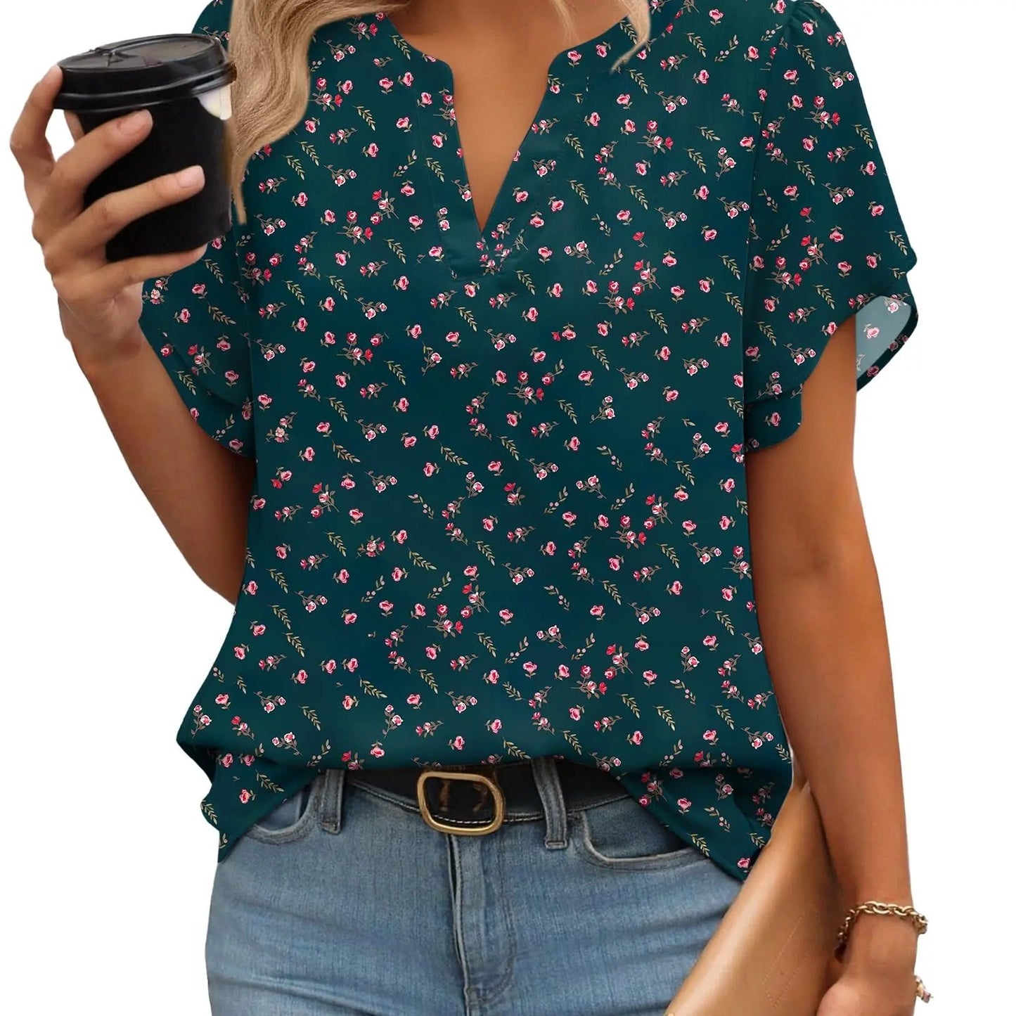 Women's Floral Chiffon Blouse – Lightweight V-Neck Petal Sleeve Top for Work, Casual & Everyday Wear