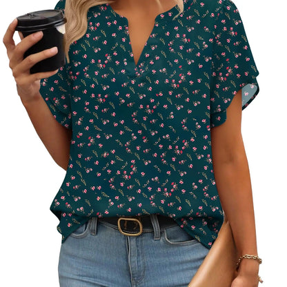 Women's Floral Chiffon Blouse – Lightweight V-Neck Petal Sleeve Top for Work, Casual & Everyday Wear