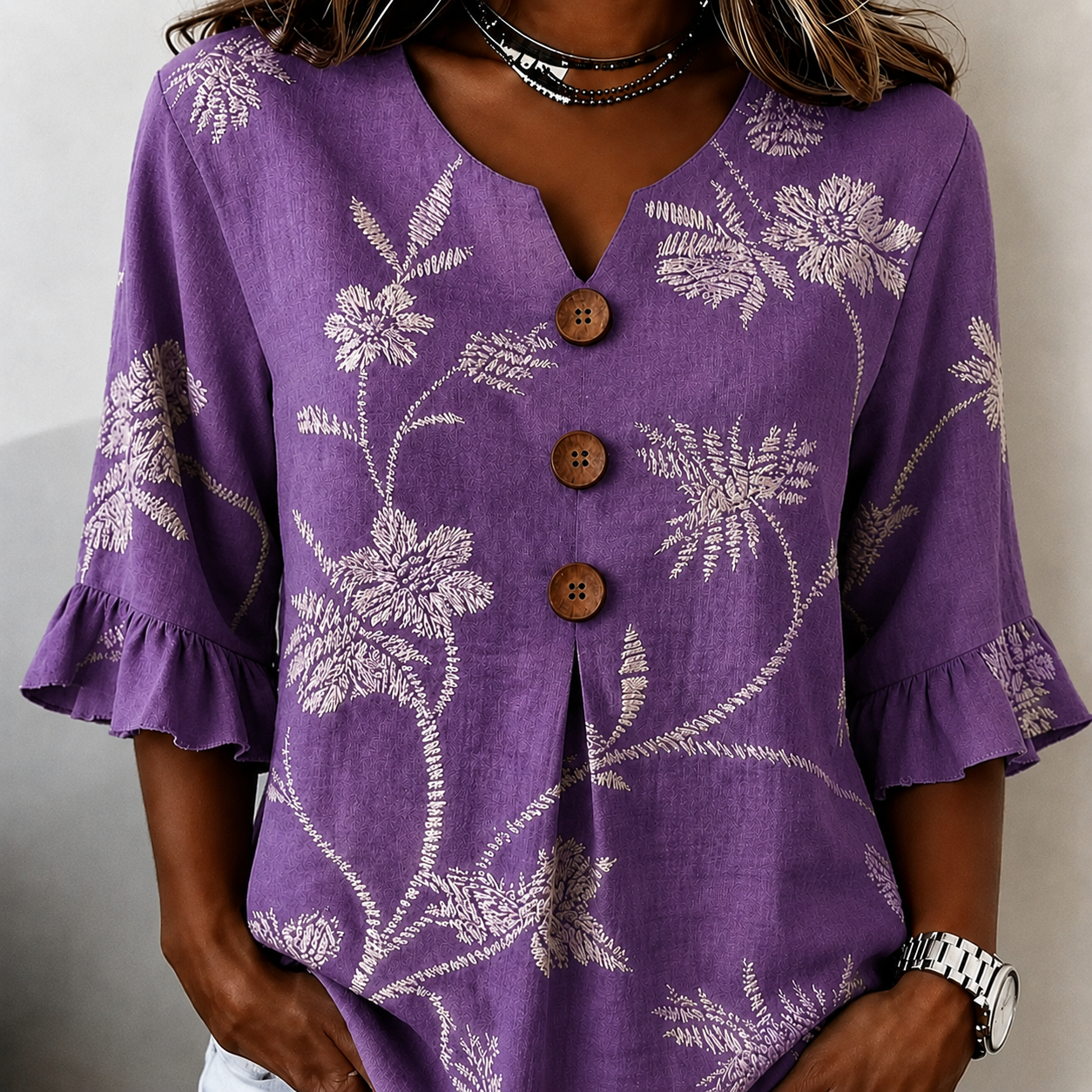 Women's Summer Floral Top with Ruffle Sleeve