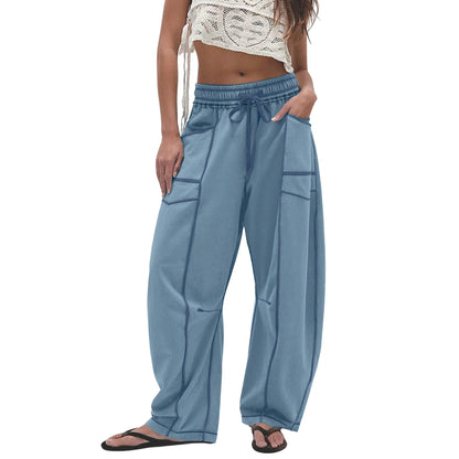 Women's Baggy Barrel-Leg Lounge Pants – Wide Leg, Drawstring Waist & Pockets