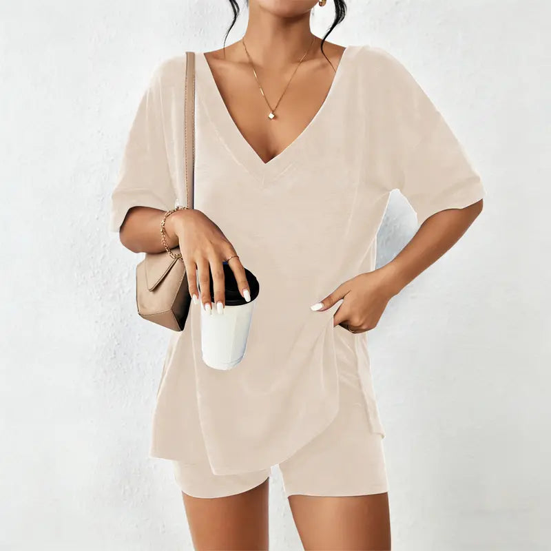 Women's Oversized V-Neck Lounge Set | Soft Split-Hem Two-Piece Outfit