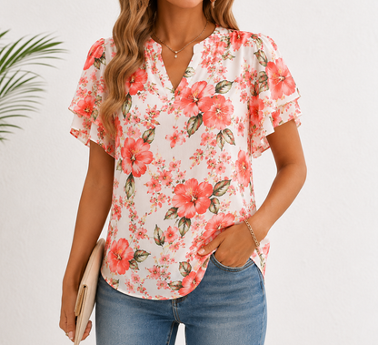 Women's Floral Chiffon Blouse – Lightweight V-Neck Petal Sleeve Top for Work, Casual & Everyday Wear
