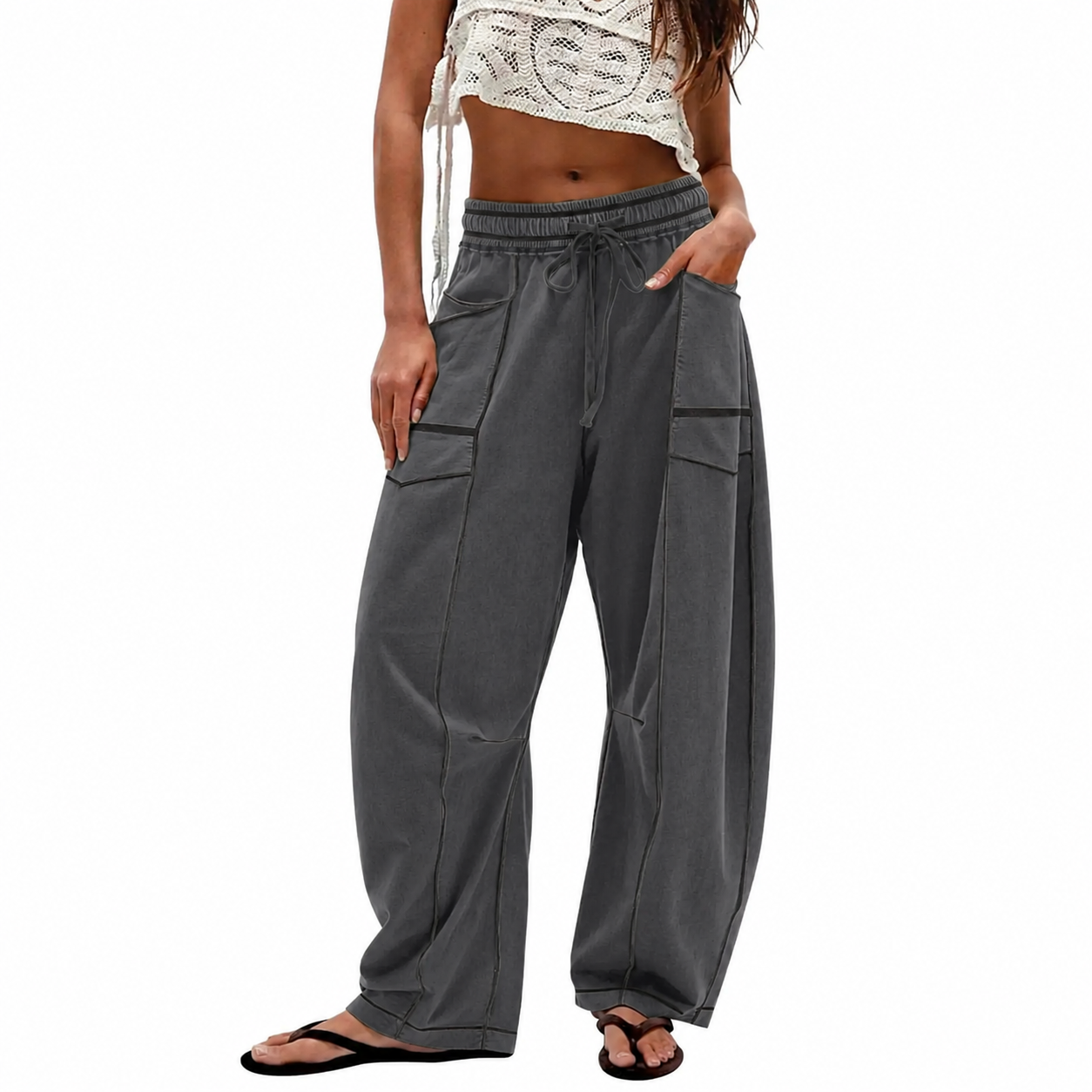 Women's Baggy Barrel-Leg Lounge Pants – Wide Leg, Drawstring Waist & Pockets