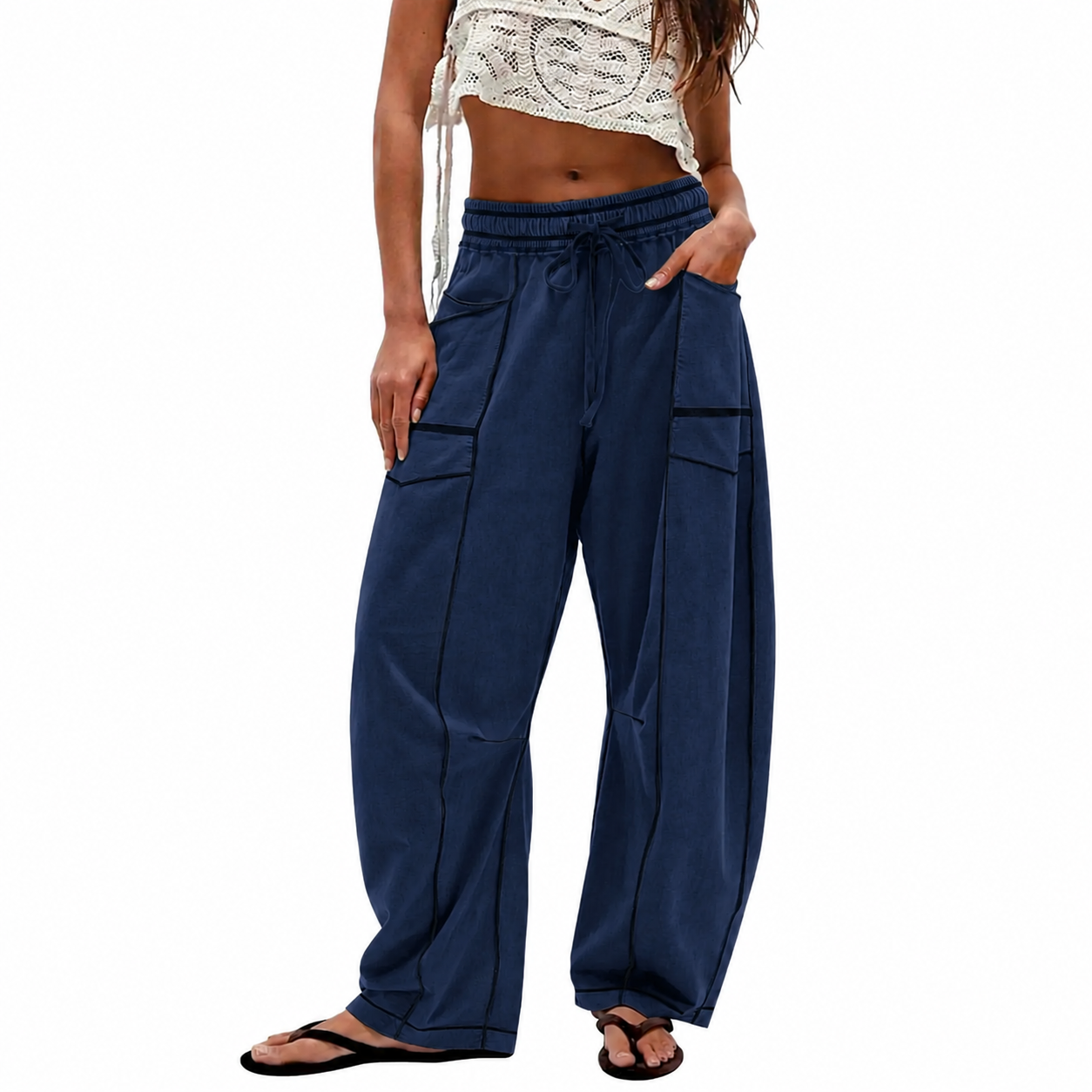 Women's Baggy Barrel-Leg Lounge Pants – Wide Leg, Drawstring Waist & Pockets