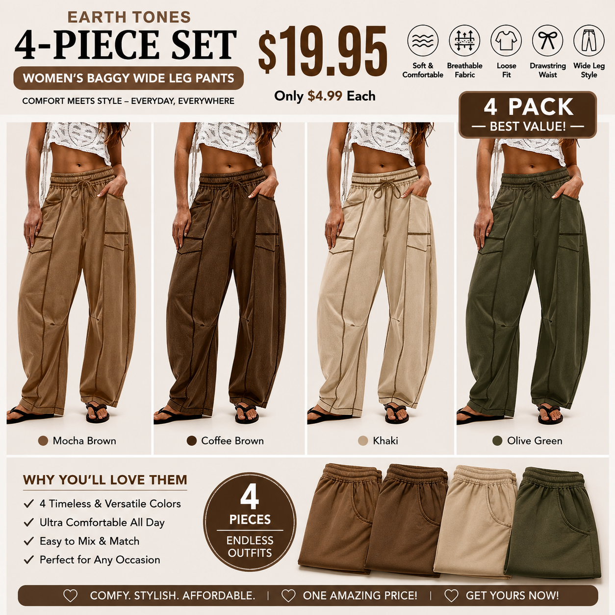 Women's Baggy Barrel-Leg Lounge Pants – Wide Leg, Drawstring Waist & Pockets