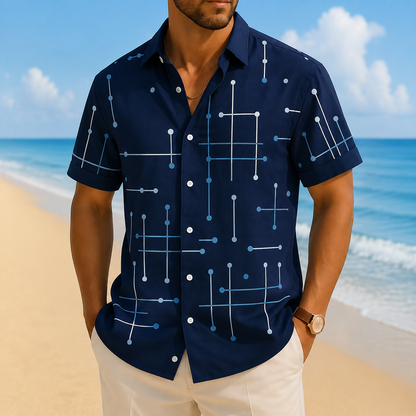 Men's Relaxed Fit Short Sleeve Button Down Shirt – Lightweight Stretch Casual Beach Shirt with Geometric Print