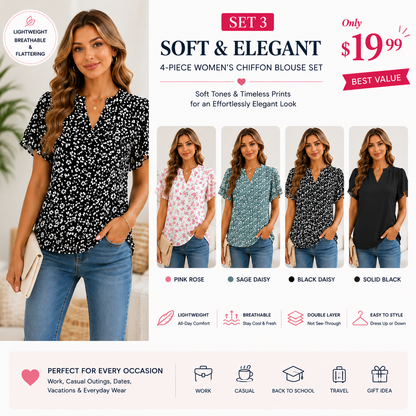 Women's Floral Chiffon Blouse – Lightweight V-Neck Petal Sleeve Top for Work, Casual & Everyday Wear