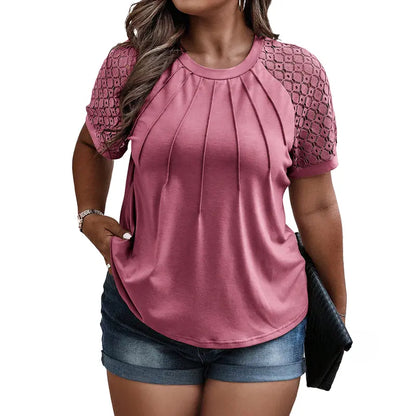 Plus Size Tops for Women Summer Lace Short Sleeve Crewneck Loose Casual Blouse Tunic T Shirts(1X-5X)
