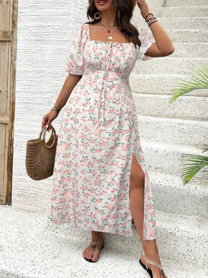 Women Boho Floral Print Split Thigh Dress – Puff Sleeve Tie Front Casual Midi Summer Dress for Daily Wear & Plus Size Fashion