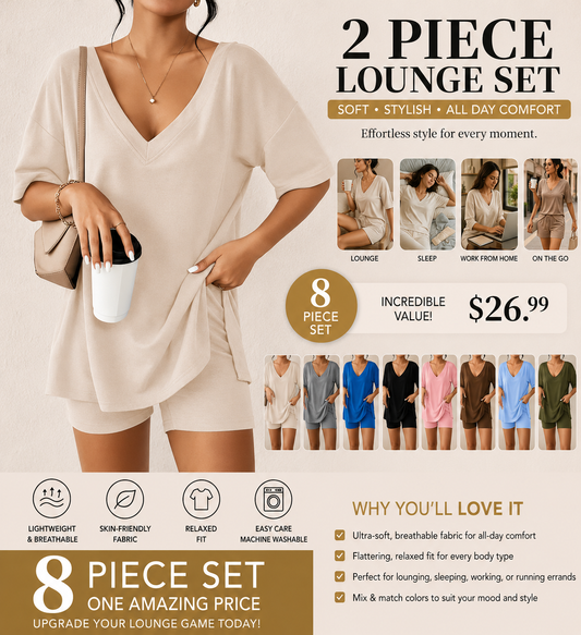 Women's Oversized V-Neck Lounge Set | Soft Split-Hem Two-Piece Outfit