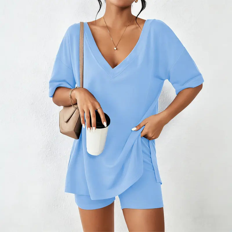Women's Oversized V-Neck Lounge Set | Soft Split-Hem Two-Piece Outfit