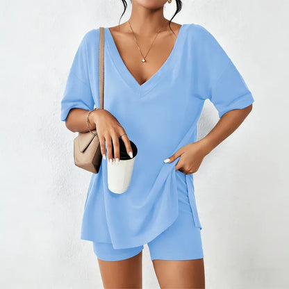 Women's Oversized V-Neck Lounge Set | Soft Split-Hem Two-Piece Outfit