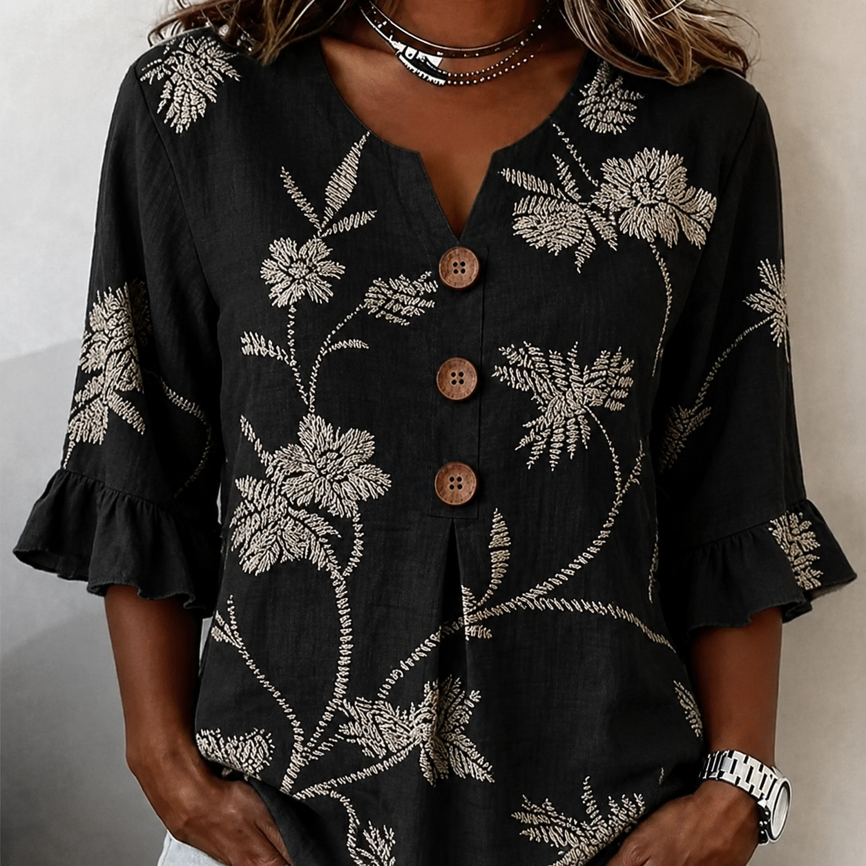 Women's Summer Floral Top with Ruffle Sleeve