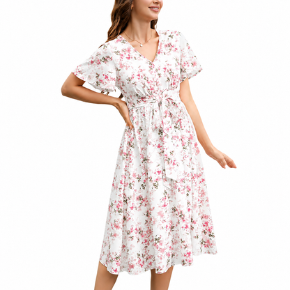 V-neck floral maxi dress with ruffle sleeves and belt