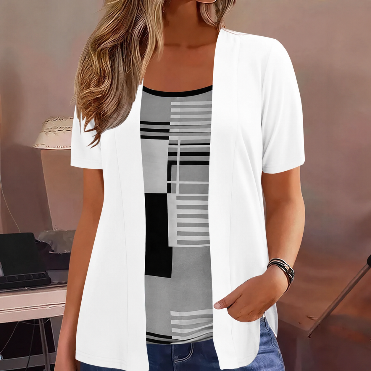 Women's Color-Block Fake Two Piece Top