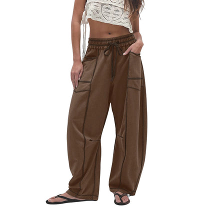 Women's Baggy Barrel-Leg Lounge Pants – Wide Leg, Drawstring Waist & Pockets