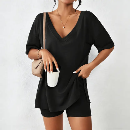 Women's Oversized V-Neck Lounge Set | Soft Split-Hem Two-Piece Outfit