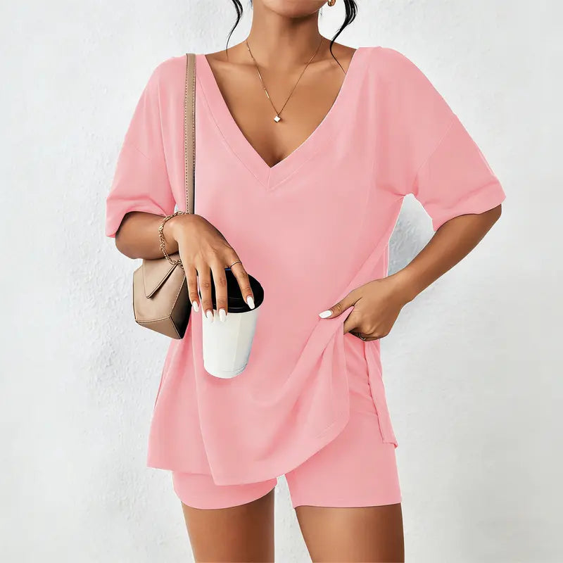 Women's Oversized V-Neck Lounge Set | Soft Split-Hem Two-Piece Outfit
