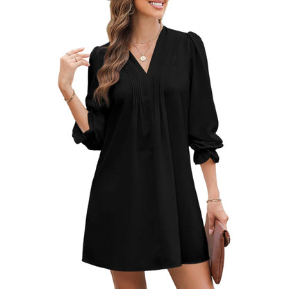 Women's Casual V-Neck A-Line Dress – Ruffle Sleeve Pleated Flowy Midi Dress