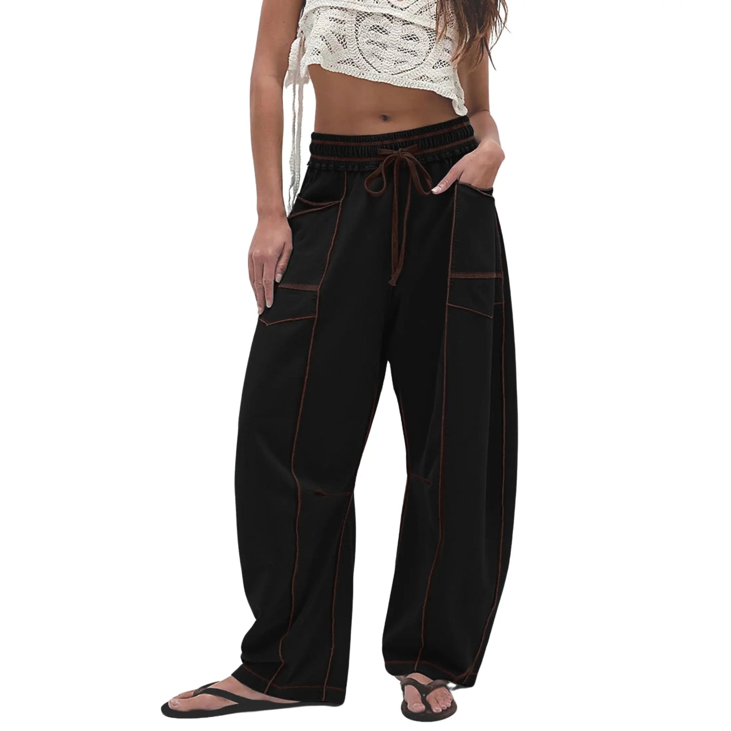 Women's Baggy Barrel-Leg Lounge Pants – Wide Leg, Drawstring Waist & Pockets