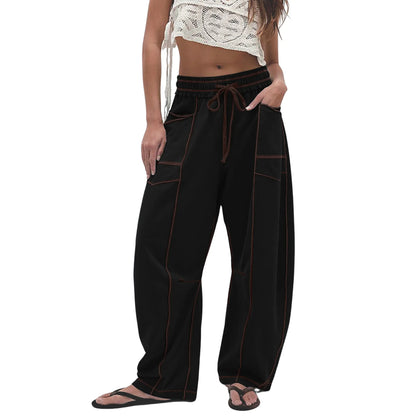 Women's Baggy Barrel-Leg Lounge Pants – Wide Leg, Drawstring Waist & Pockets