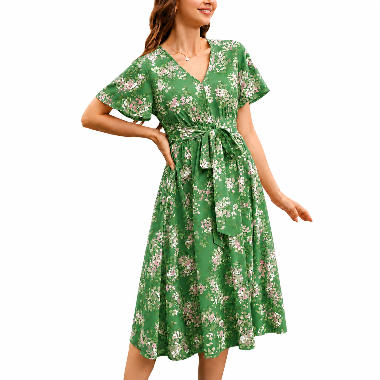 V-neck floral maxi dress with ruffle sleeves and belt
