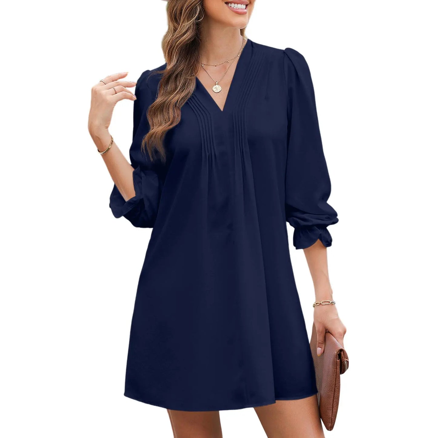 Women's Casual V-Neck A-Line Dress – Ruffle Sleeve Pleated Flowy Midi Dress