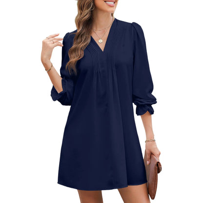 Women's Casual V-Neck A-Line Dress – Ruffle Sleeve Pleated Flowy Midi Dress