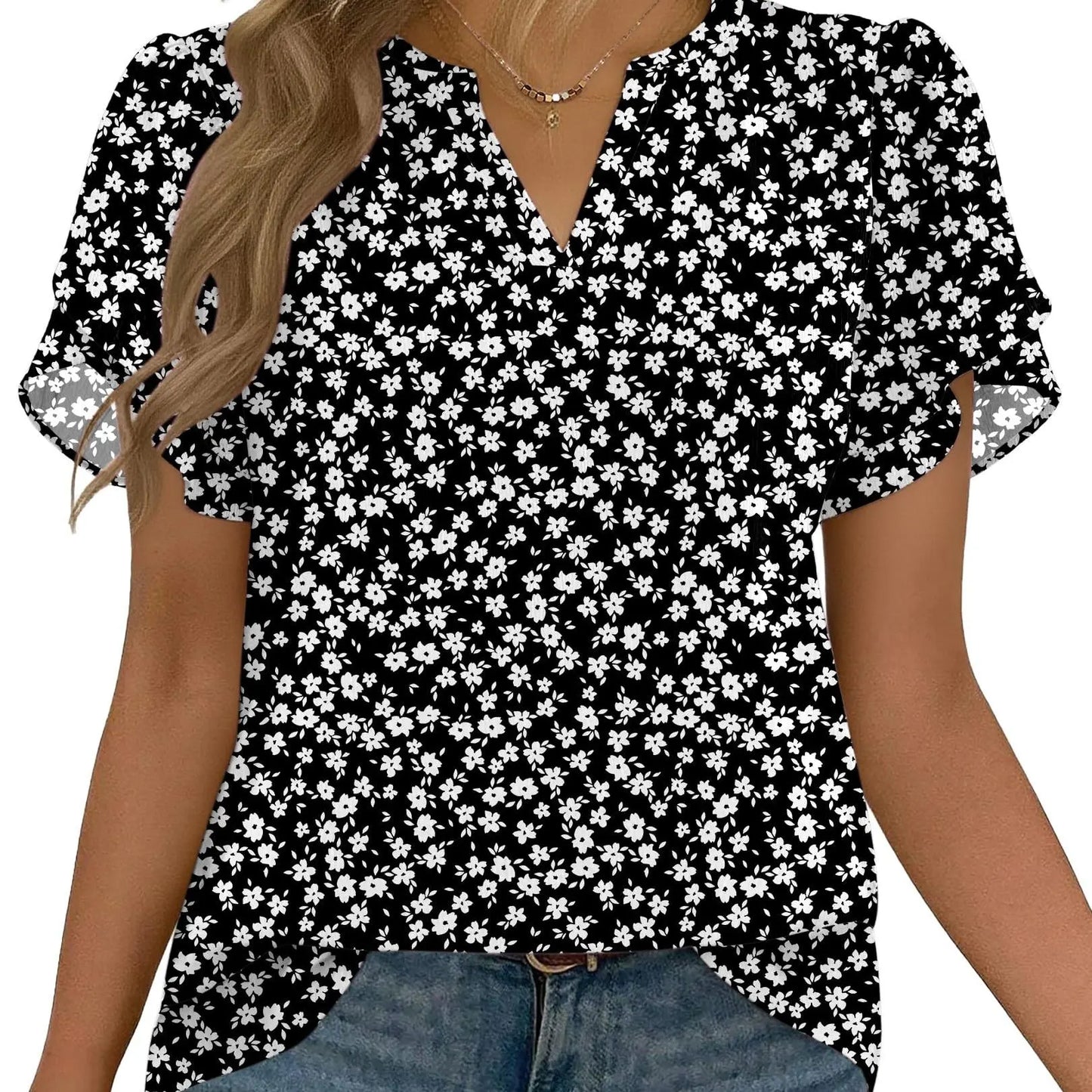 Women's Floral Chiffon Blouse – Lightweight V-Neck Petal Sleeve Top for Work, Casual & Everyday Wear