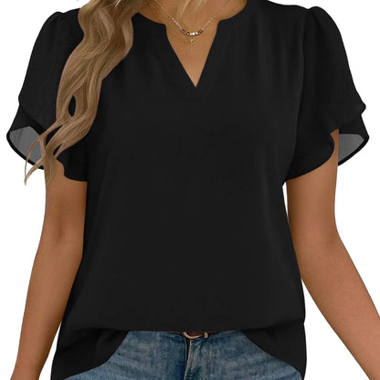 Women's Floral Chiffon Blouse – Lightweight V-Neck Petal Sleeve Top for Work, Casual & Everyday Wear